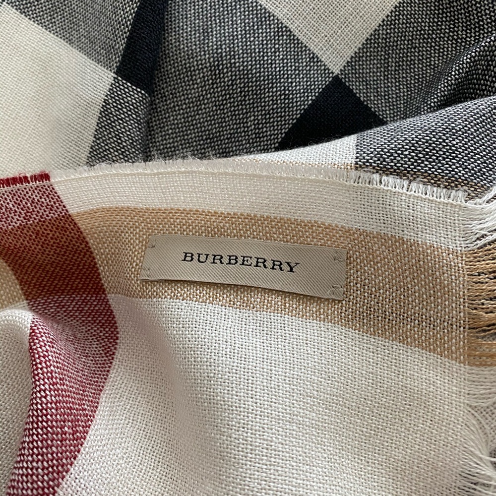 Burberry Cream Plaid Wool-Blend Scarf with Tan, Black & Red Stripes - Picture 2 of 6